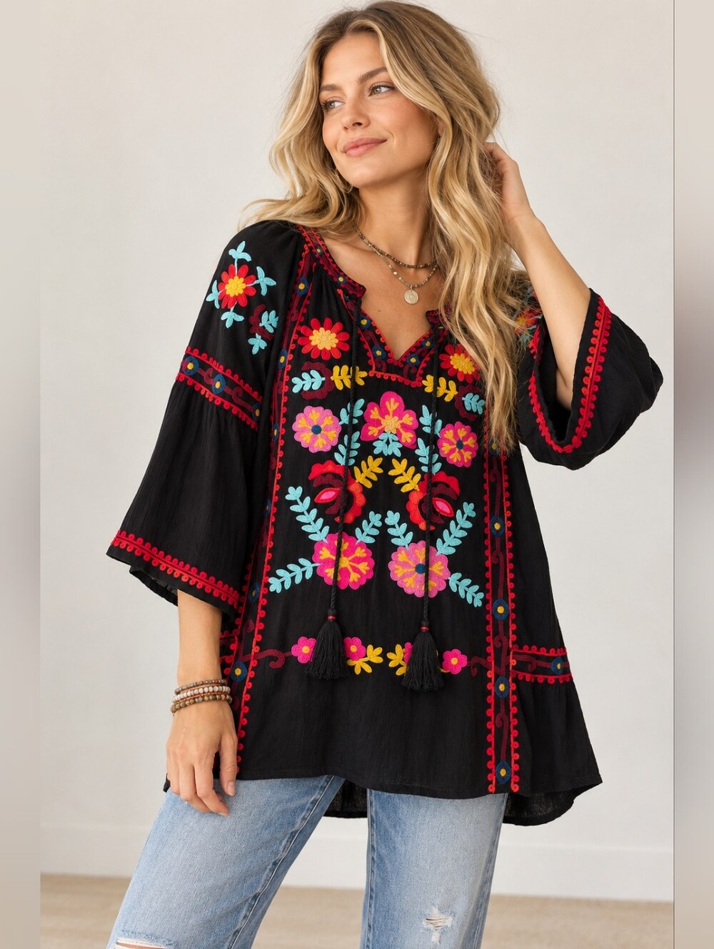 ANGEL HEART BOUTIQUE BLACK EMBROIDERED FLORAL BOHO TUNIC TOP SIZE M